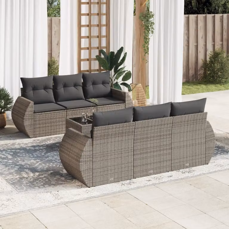 Set di divani da giardino vidaXL in 7 pezzi con cuscini grigi in polyrattan e struttura in metallo