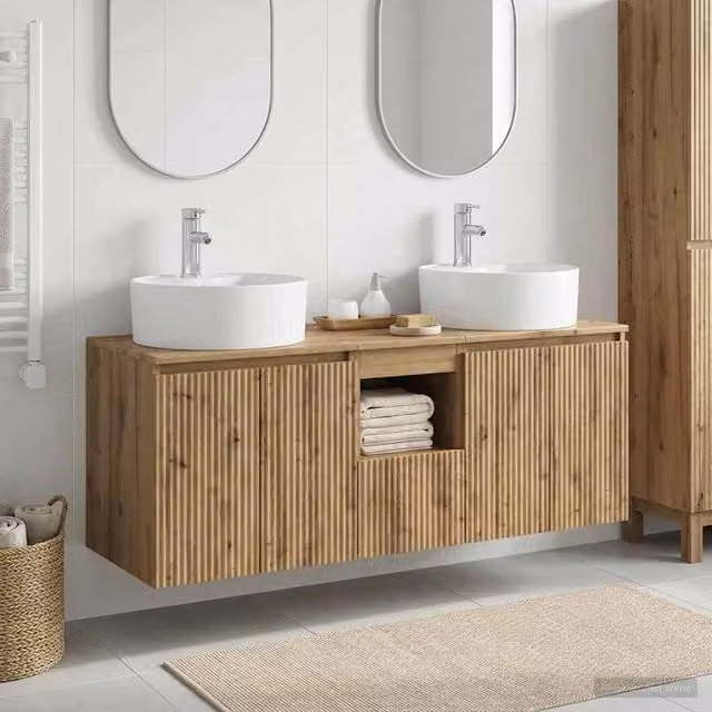 Set di mobili da bagno moderni vidaXL in legno color rovere marrone opaco, composto da 3 pezzi con armadietti a muro e mobile lavabo, L/P/H: 65,0 x 36,0 x 44,5 cm – 1