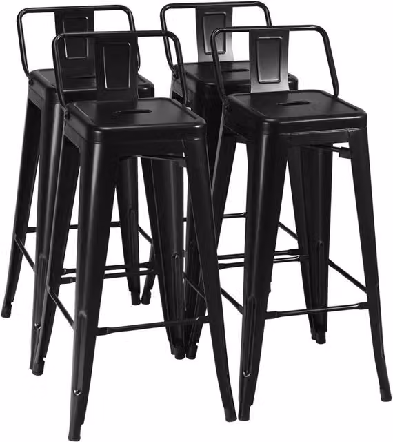 Set di 4 Sgabelli da Bar Moderni COSTWAY in Metallo Verniciato Nero, Impilabili con Schienale e Poggiapiedi, Altezza: 94 cm