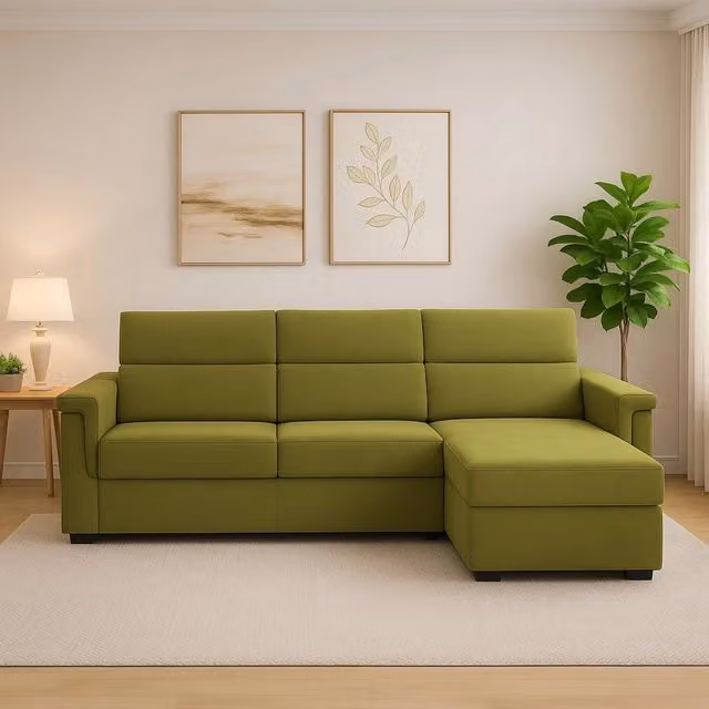 Divano angolare DMORA Cintano in tessuto verde con penisola reversibile e coperture rimovibili Made in Italy L/P/H: 285 x 160 x 45 cm – 1