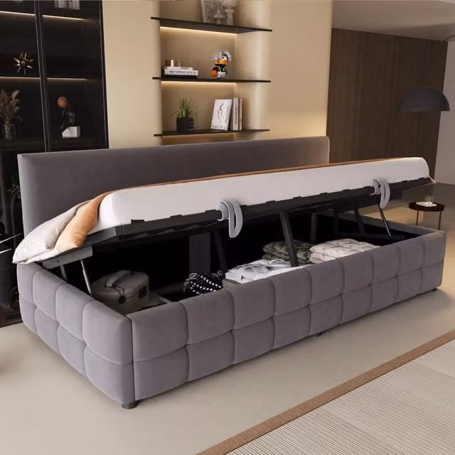 Letto singolo con contenitore Mivray in velluto grigio con schienale imbottito L/P/H: 202 x 90 x 78 cm – 1
