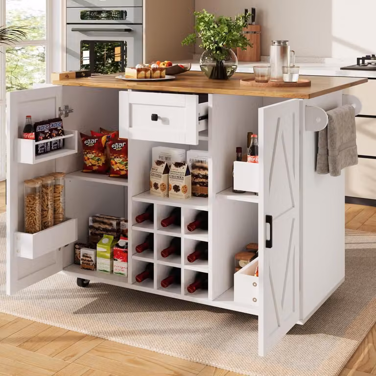 Isola da cucina con piano allungabile e spazio contenitivo, finitura effetto legno, dimensioni 137,5 x 40 x 95,6 cm