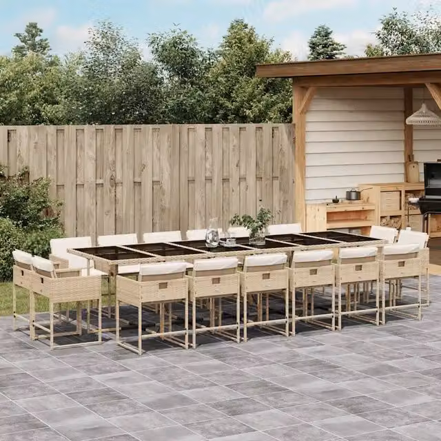 Set da pranzo da giardino vidaXL in polyrattan con cuscini beige e piano in vetro, 17 pezzi – 1