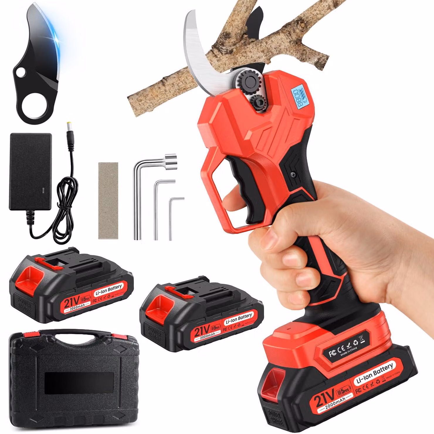 Potatore elettrico, lama da 50 mm, 2 batterie da 2000 mAh, lama in acciaio SK7