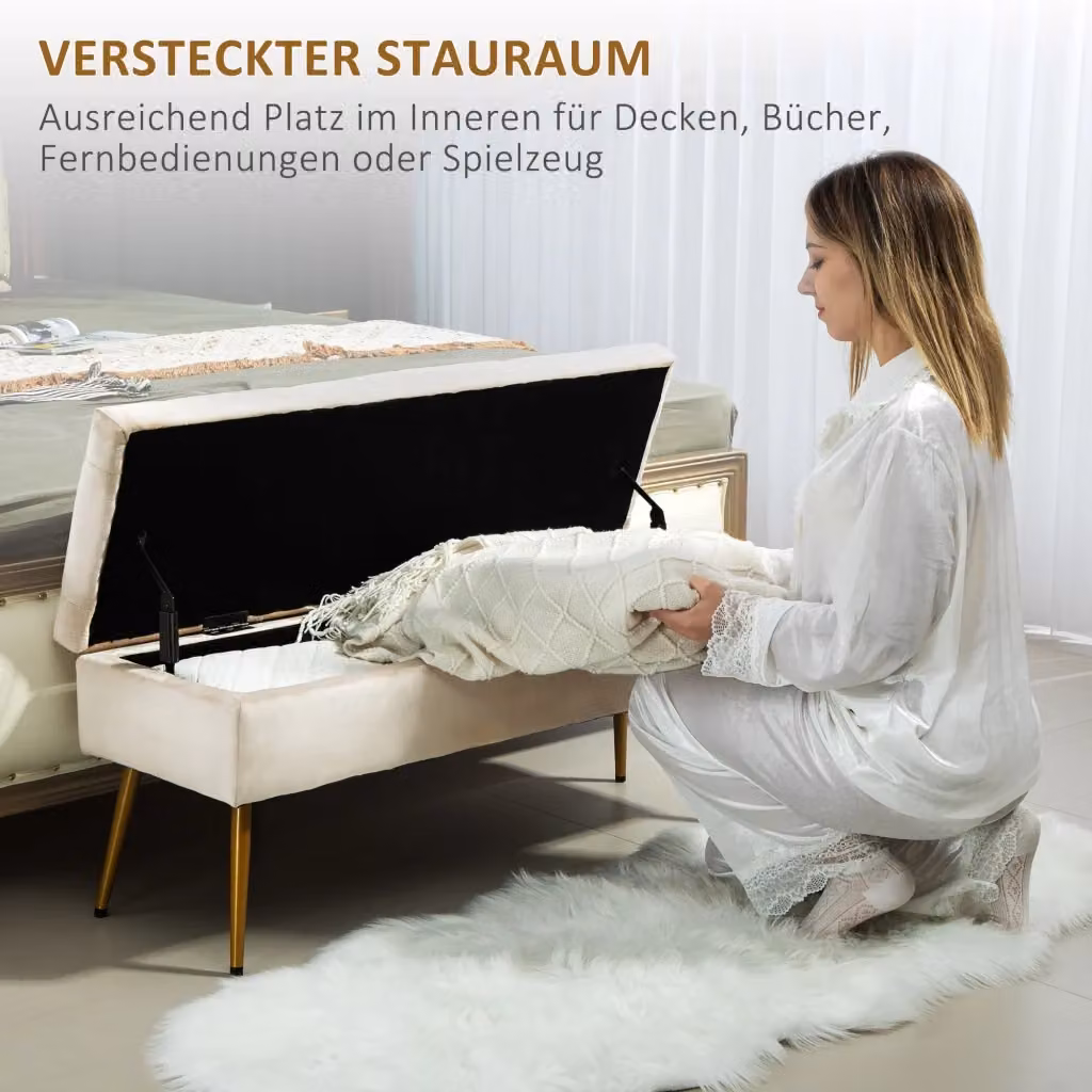 Panca contenitore OKWISH in tessuto beige con seduta trapuntata e coperchio a chiusura dolce, ideale per ingresso, camera o soggiorno, L: 120 cm, P: 35 cm, H: 43 cm – 2