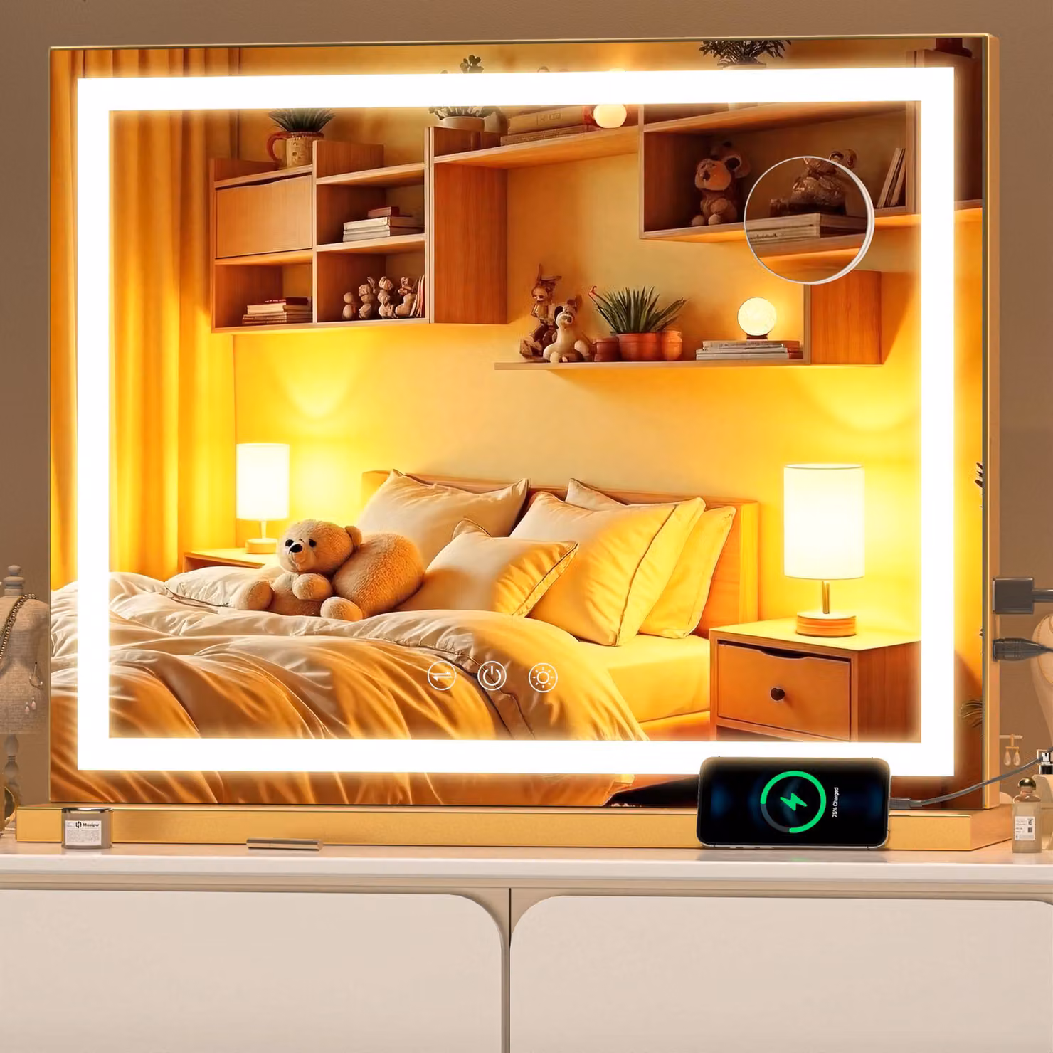Specchio da trucco a LED, dimensioni 55x45 cm, ingrandimento 10x, 3 temperature di colore, finitura dorata
