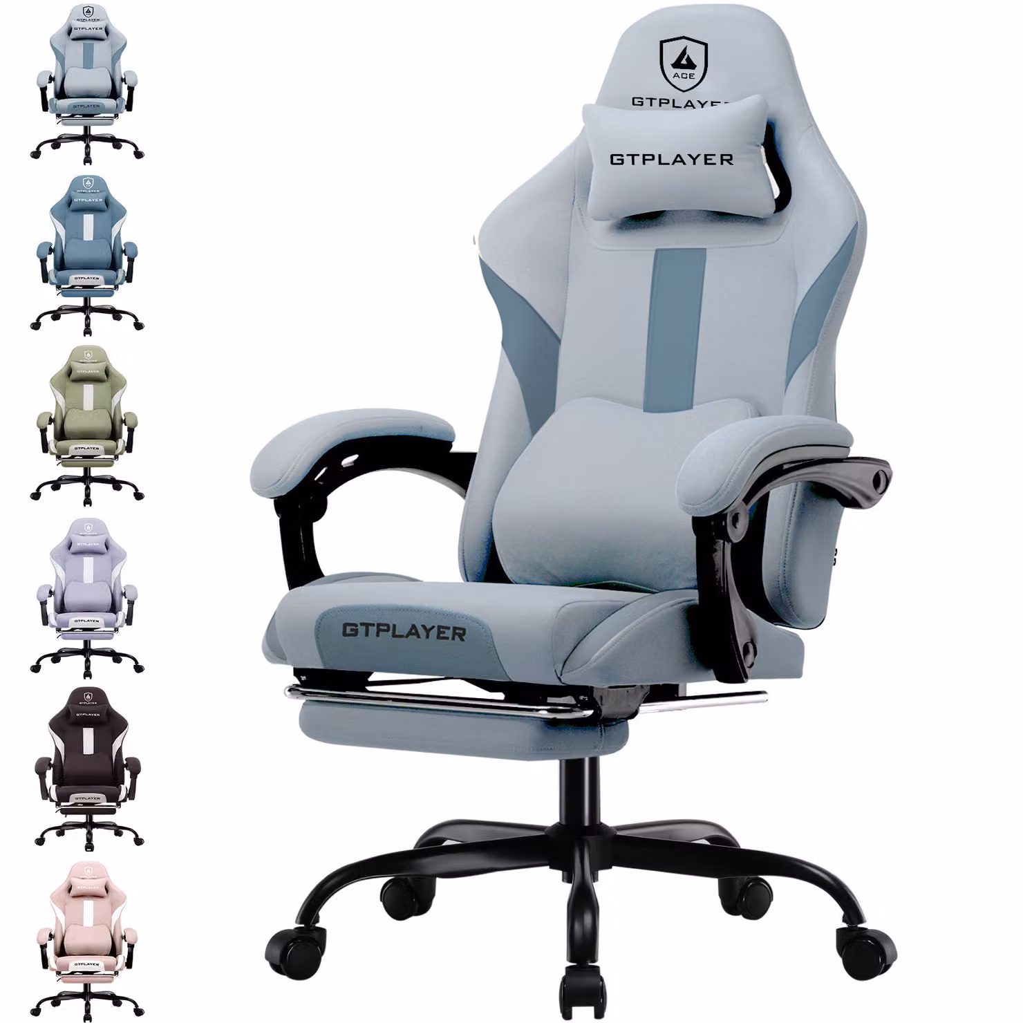 GTPLAYER Sedia da gioco Poltrona da gioco ergonomica Sedia da scrivania con superficie in tessuto Sedia da ufficio traspirante Cuscino a molla con poggiapiedi grigio