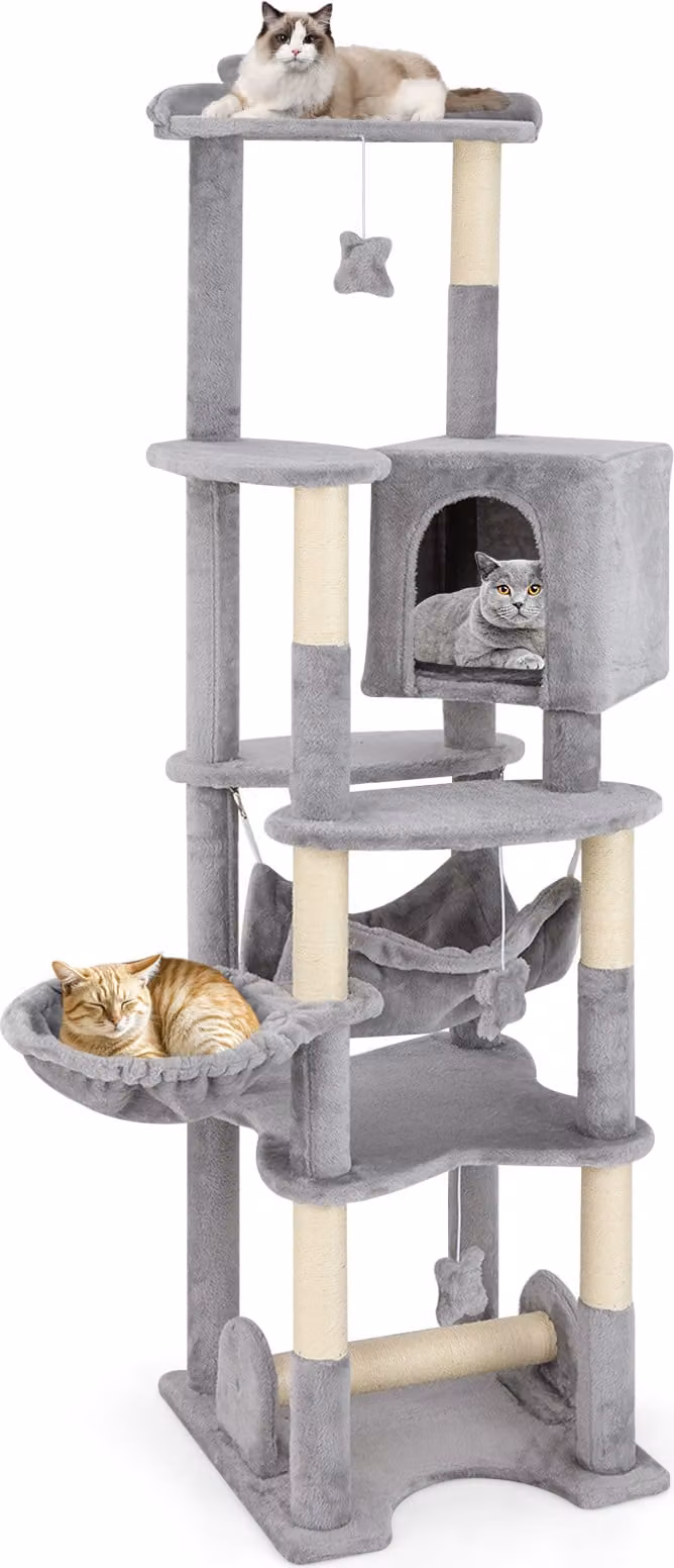 Tiragraffi in legno COSTWAY 176 cm, tiragraffi per gatti grande, albero per gatti con grotta, letto a cesto, amaca, paletti in sisal, piattaforme e giocattoli per gatti grigio