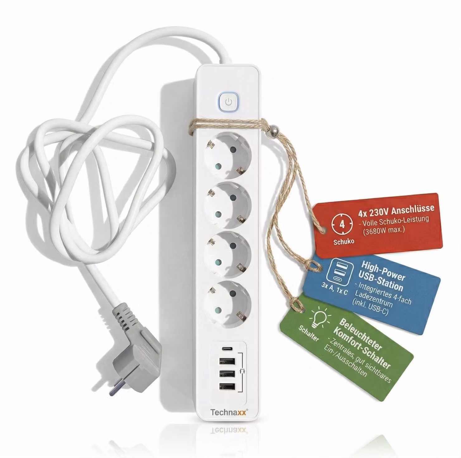 Technaxx Multipresa a 4 prese con 4 porte USB (1x USB-C), interruttore e blocco di sicurezza per bambini