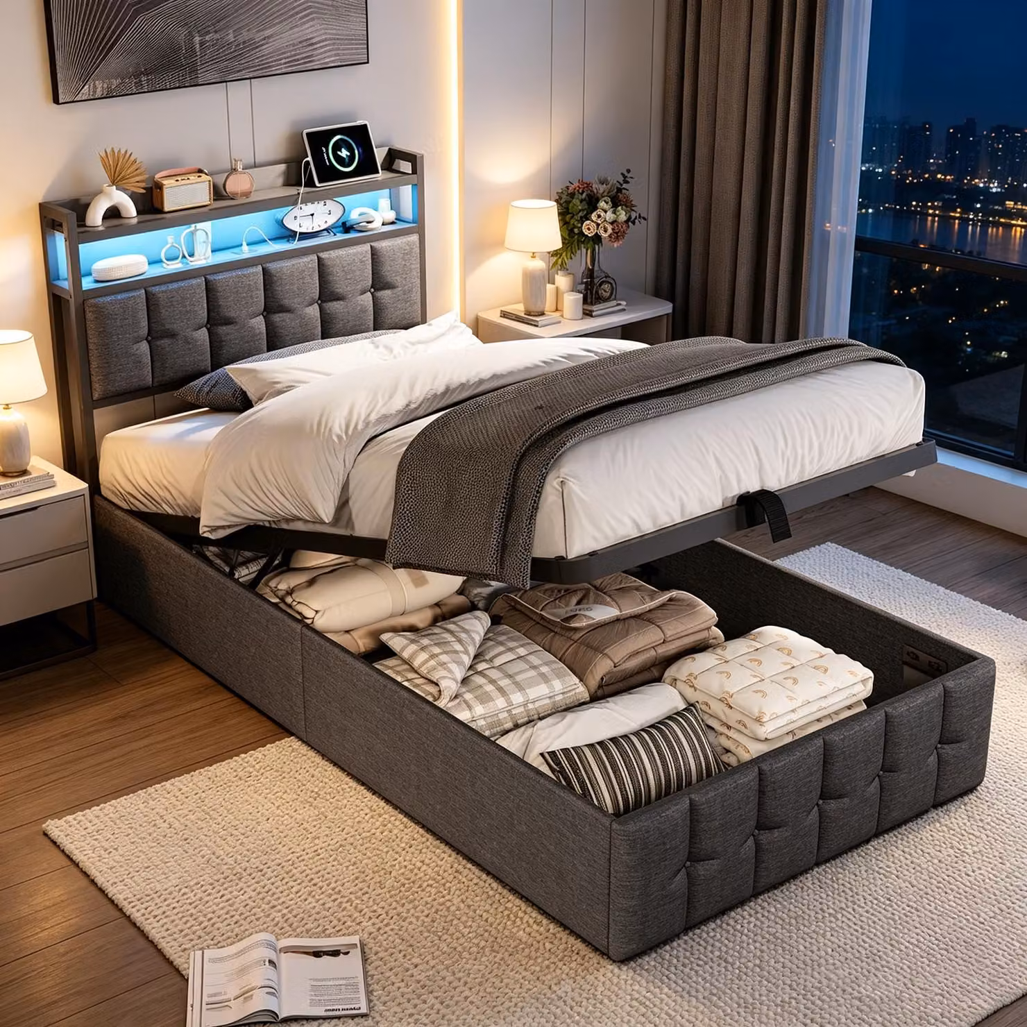 Letto con rete a molle INONEFT, 90x200 cm, letto singolo con illuminazione a LED, imbottito, con testiera contenitore e porte USB/C, letto per ragazzi con sistema di sollevamento idraulico, tessuto in lino, colore grigio