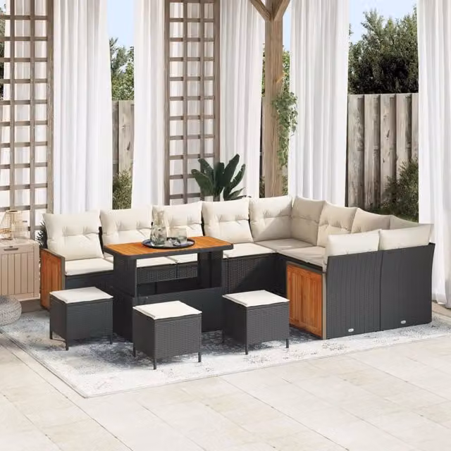 Set Divano da Giardino vidaXL a Forma a U con 13 Posti, Colore Nero e Beige, con Cuscini e Tavolino da Esterno