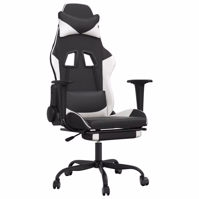 Sedia da Gaming con Poggiapiedi Nero e Bianco in Pelle finta