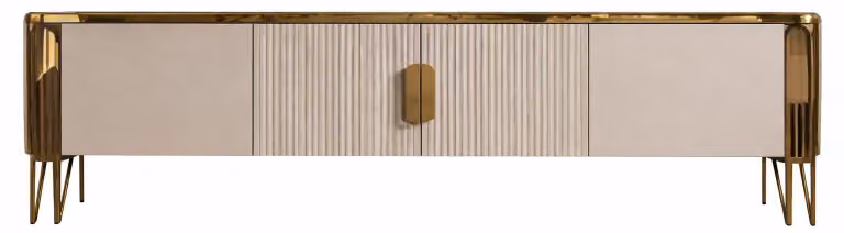 Elegante mobile TV beige con dettagli dorati e design moderno