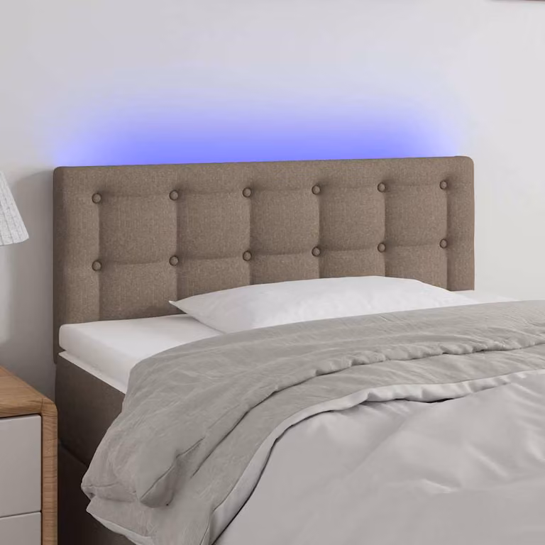 Testiera per letto vidaXL con illuminazione LED e porte USB, rivestimento in tessuto tortora, L 100 cm, P 5 cm, H 78-88 cm
