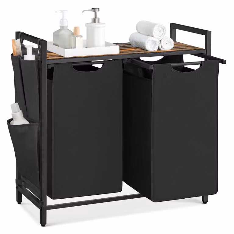 Cesto Portabiancheria con Piano Portaoggetti e Sacco Rimovibile, Nero Inchiostro + Marrone Vintage / 2 x 46 L