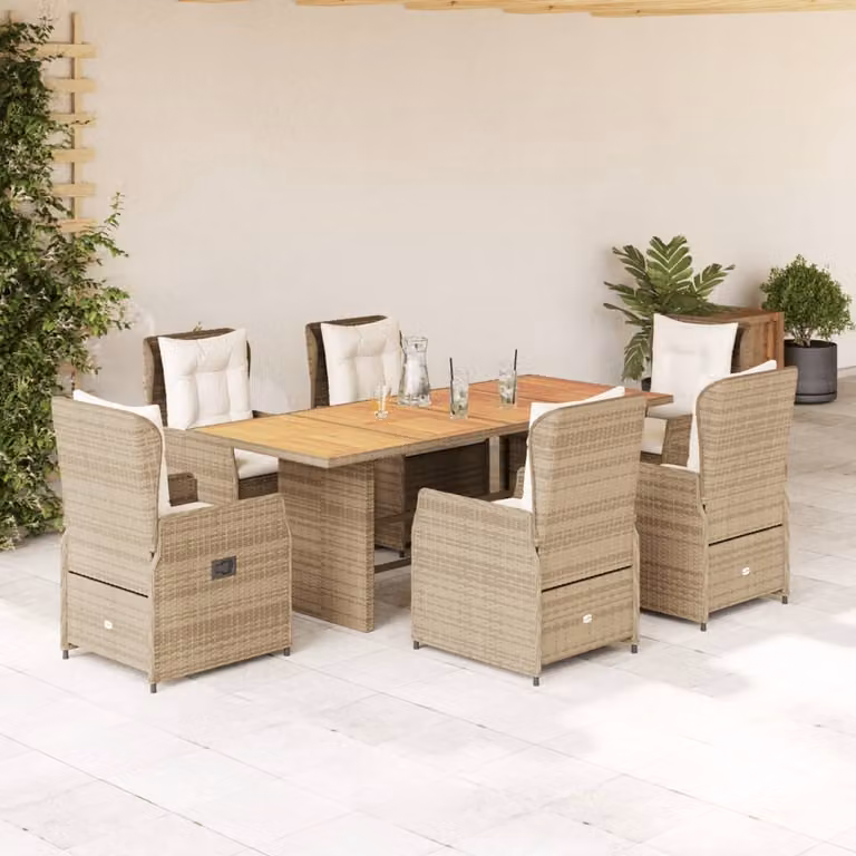Set da pranzo da giardino vidaXL in polyrattan con cuscini beige e legno di acacia, 7 pezzi