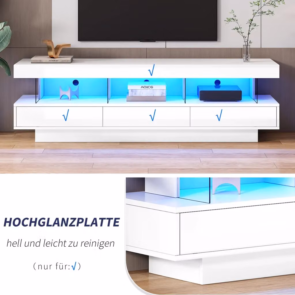 Mobile TV moderno REDOM bianco lucido con 3 vani in vetro e illuminazione LED integrata L 160 cm x P 38 cm x H 50,5 cm – 2