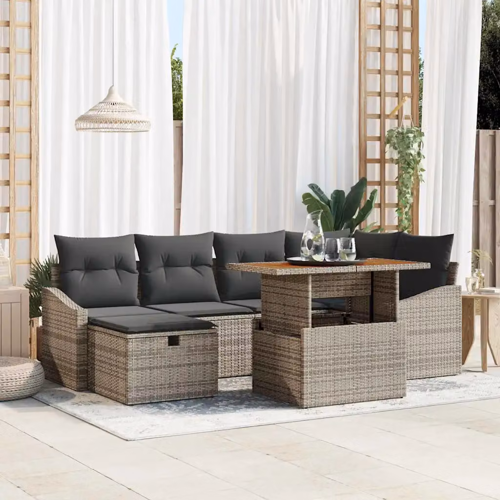 Set Divano da Giardino Moderno vidaXL in Polyrattan Grigio con Cuscini, Tavolino e Pouf, 7 Pezzi – 1