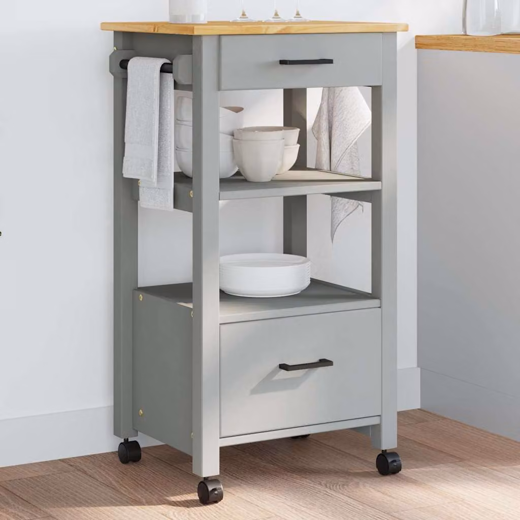 vidaXL Carrello da Cucina MONZA in Legno di Pino e Metallo, Grigio, L/P/H: 48 x 40 x 88,5 cm