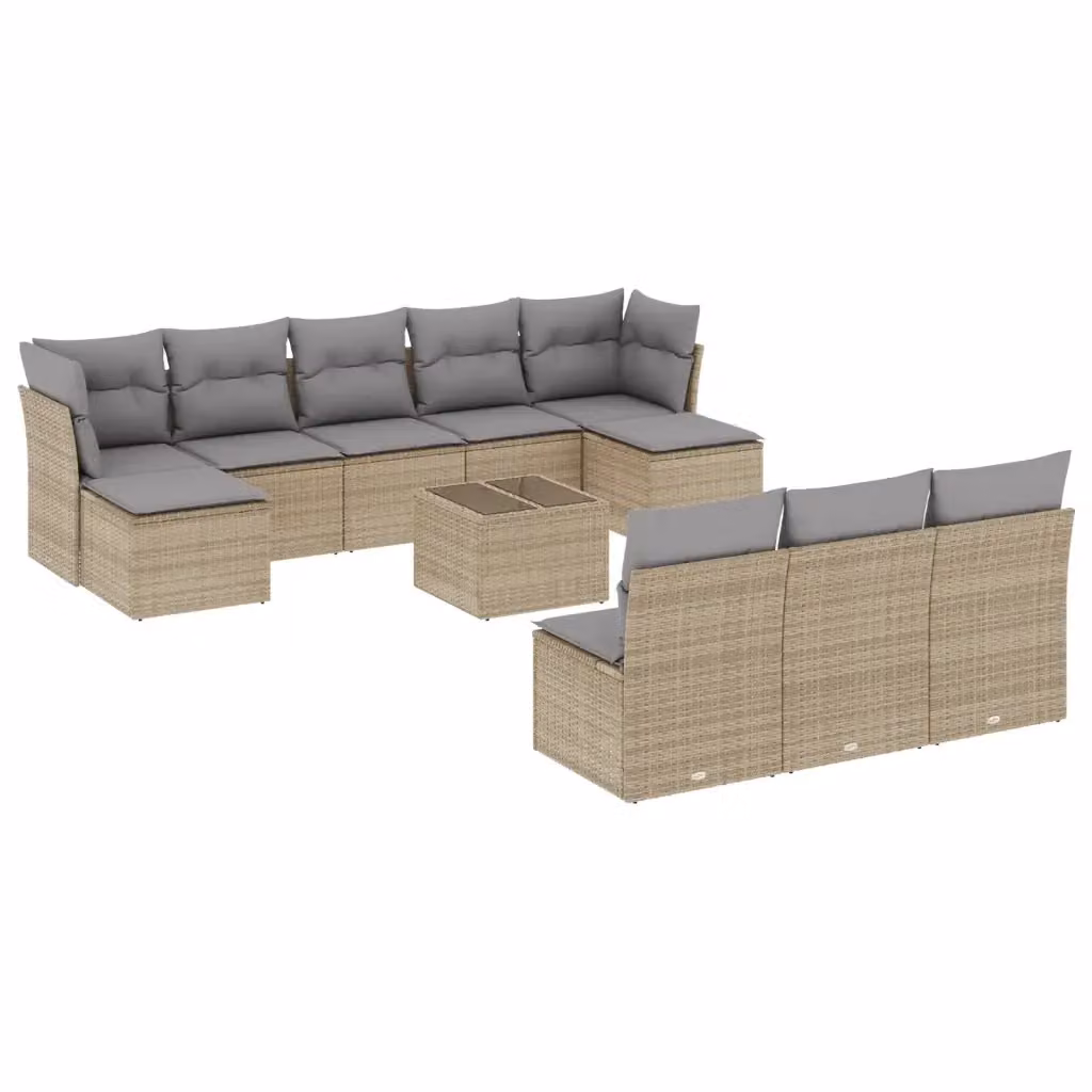 vidaXL Set Divani da Giardino 11 pz in Polyrattan con Cuscini Beige e Tavolino in Vetro – 2