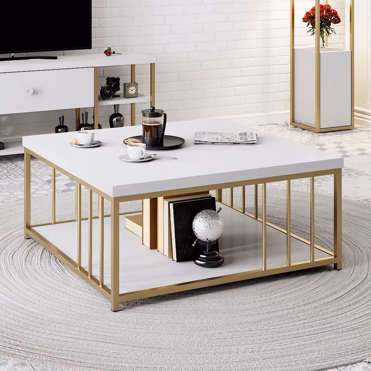 Skye Decor, Zenn - Bianco, Oro, Tavolini, Bianco, 90 x 40 x 39 cm