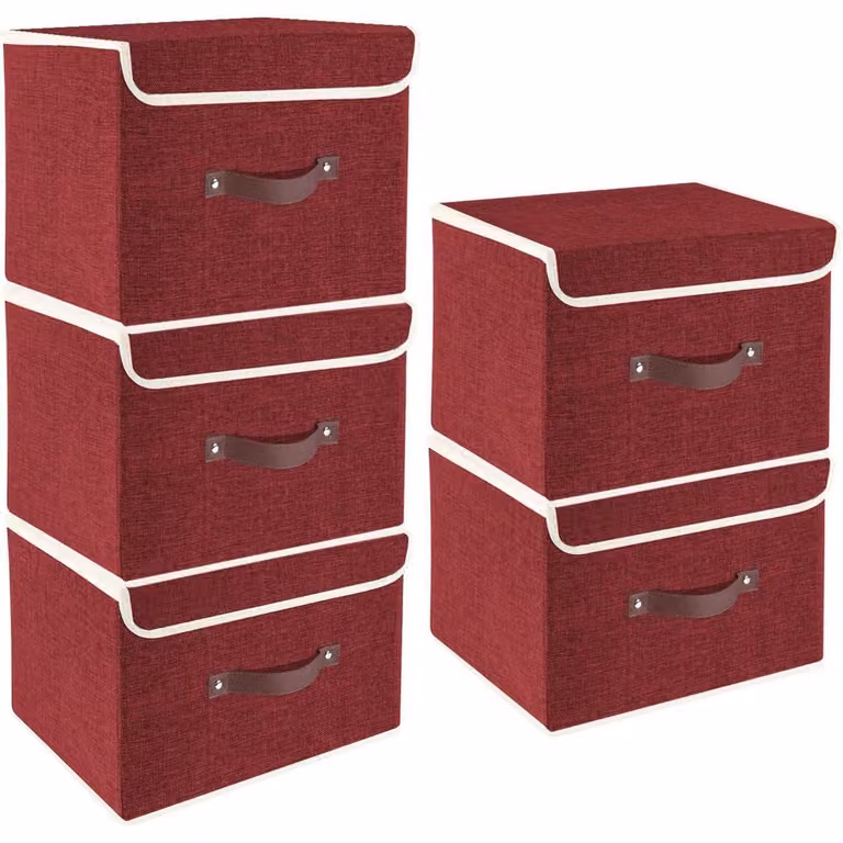 Contenitore pieghevole con coperchio, in tessuto, lavabile, dimensioni 38x25x25 cm, confezione da 5 pezzi, colore rosso vino