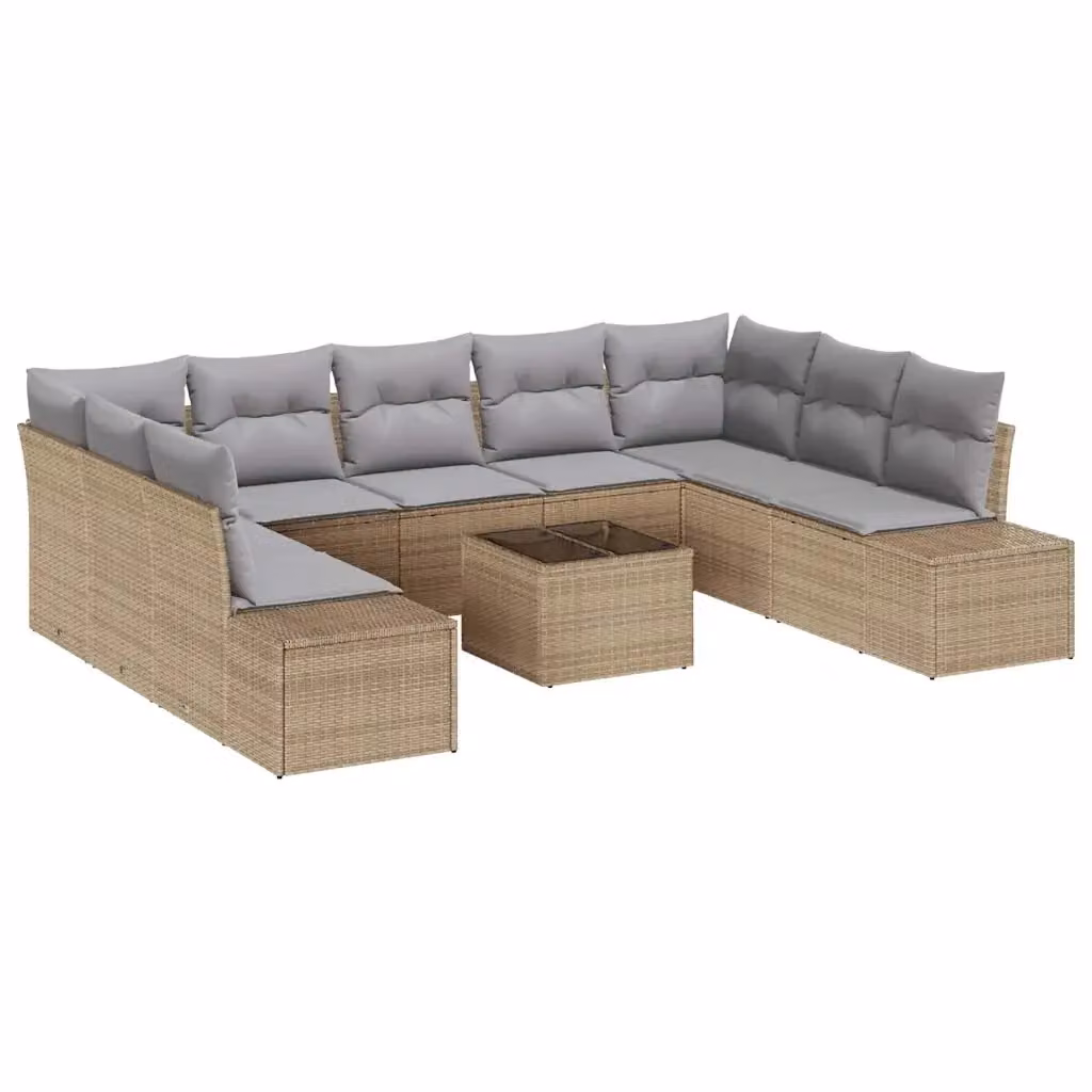 Set Divano da Giardino a Forma di U vidaXL in Metallo e Rattan con Cuscini Beige e Grigio, 9 Pezzi per 8 Persone – 2