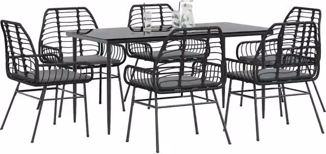 Set Pranzo da Giardino 7 pz Nero con Cuscini Polyrattan Vetro 3334454