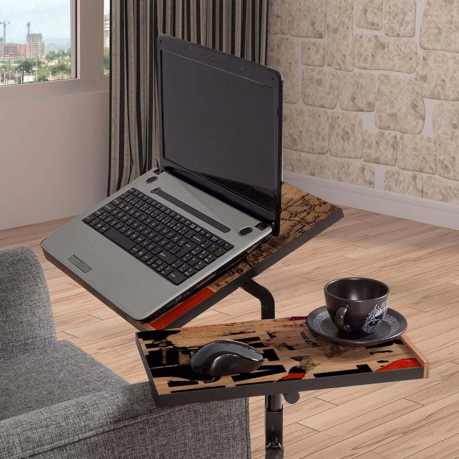 Skye Decor, scrivania rialzabile per laptop di alta qualità, pino atlantico e nero, 67 x 87 x 45,5 cm | Pannello truciolare rivestito al 100% in melamina, altezza regolabile, mobile e multifunzionale.