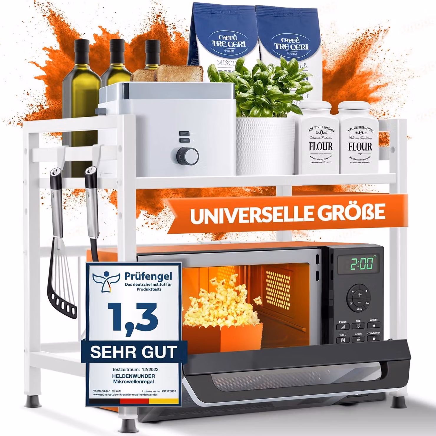 Ripiano per microonde, scaffale da cucina, modello autoportante in acciaio (a 2 livelli) | Scaffale per microonde, mobiletto per microonde | Scaffale portaoggetti, scaffale per panettiere, ripiano regolabile in altezza e lunghezza + istruzioni video, ganc