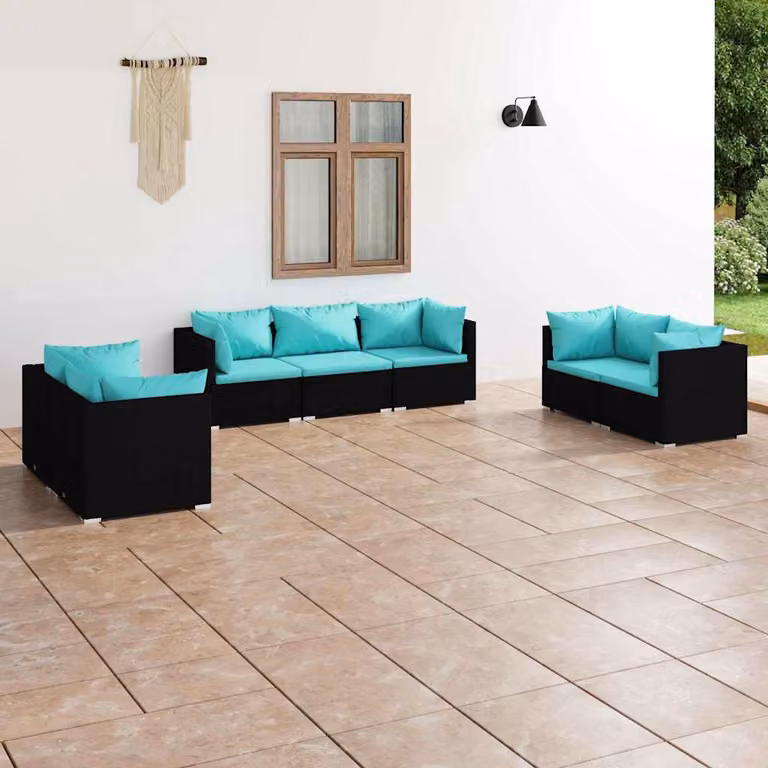 Set di Divani da Giardino vidaXL 7 pz a Forma a L con Cuscini Blu e Nero