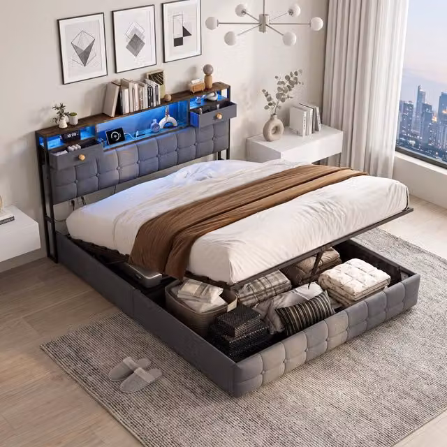 Letto matrimoniale 160x200 cm con contenitore LED USB Type-C testiera rete a doghe velluto metallo - grigio