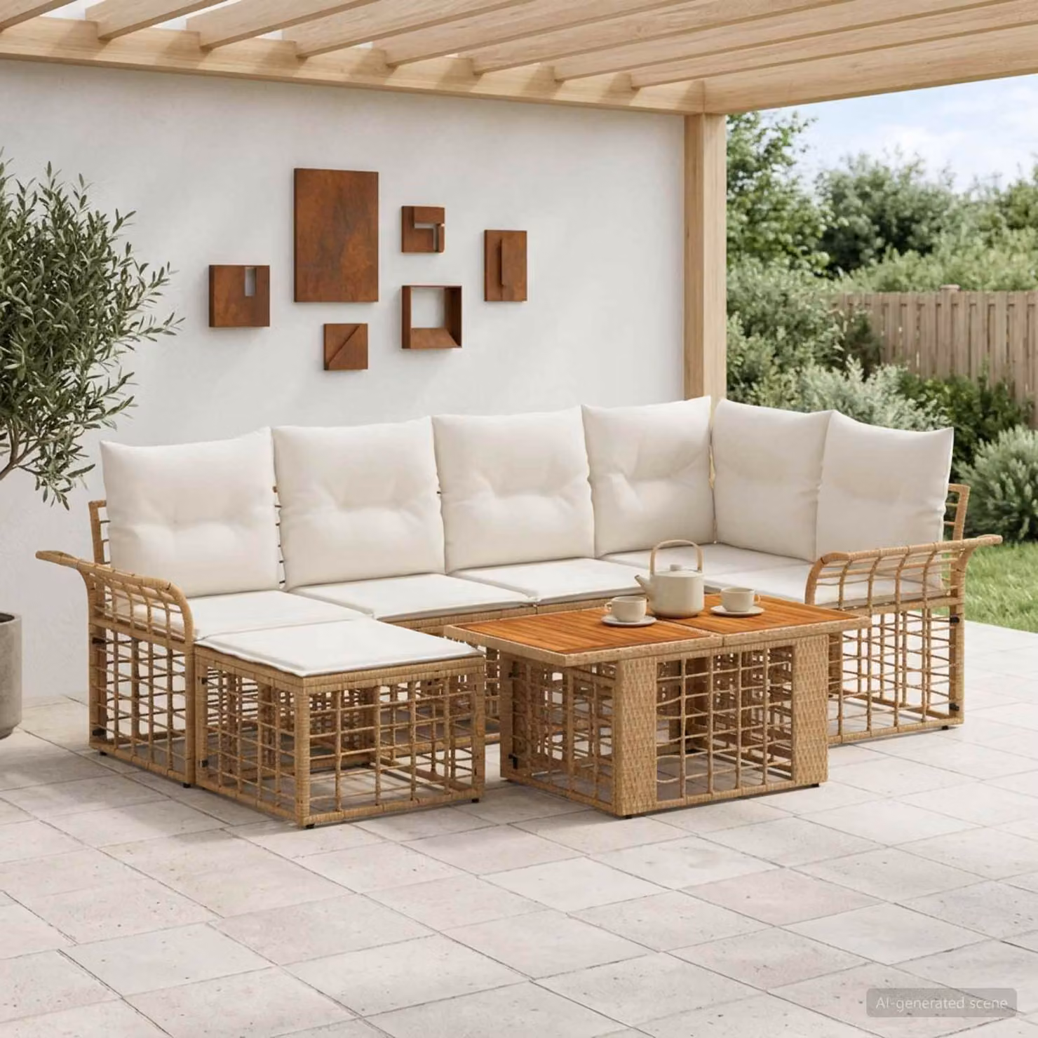 Set Divano da Giardino vidaXL 7 Pezzi in Polyrattan con Cuscini Beige e Bianco Crema