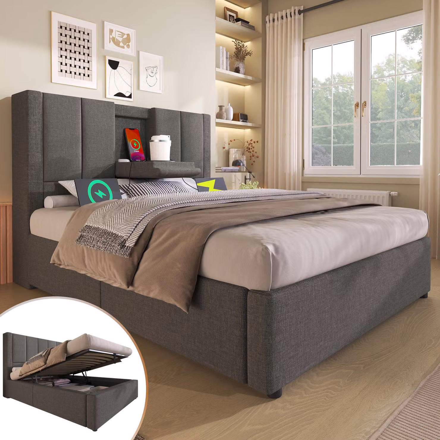 letto imbottito okwish 90x200 letto singolo con portabicchieri nascosto e stazione di ricarica, struttura del letto con sistema idraulico e rete, in lino, grigio (senza materasso)