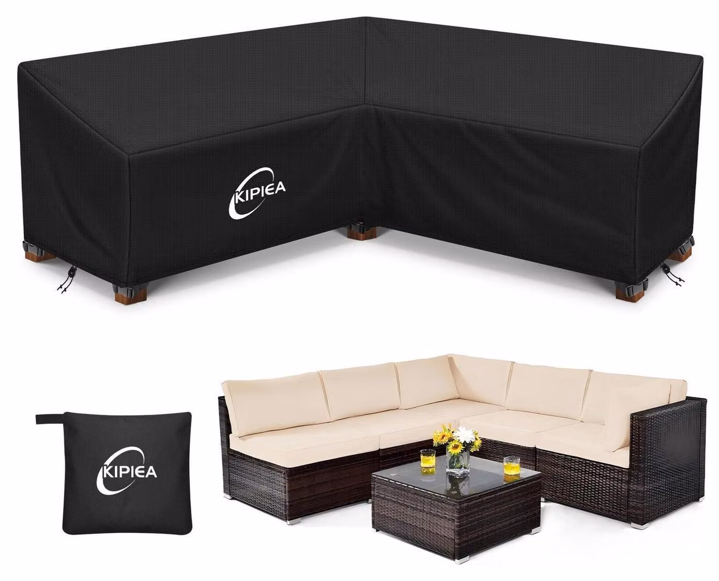 Copertura per divano da esterno, a forma di V, in tessuto Oxford 420D, dimensioni 216x216x85 cm, orientata a destra, impermeabile, antivento e resistente ai raggi UV