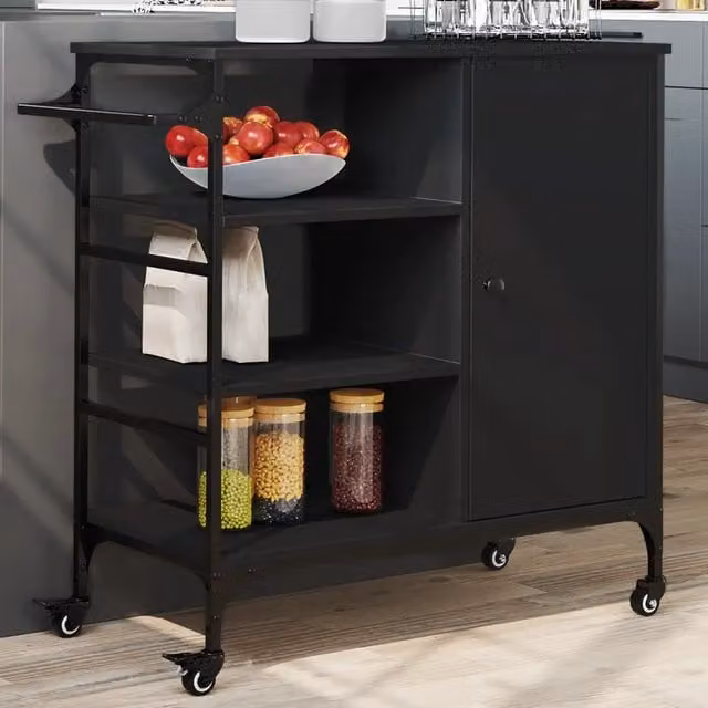 Carrello da cucina moderno vidaXL nero in legno e metallo con ruote L: 87,5 cm, P: 38,5 cm, H: 84,5 cm – 1