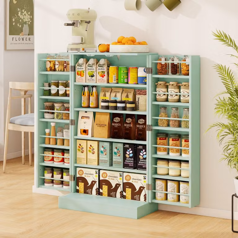 Costway Armadietto dispensa alto 104 cm con ante e ripiani regolabili, Credenza autoportante per sala da pranzo e soggiorno Verde
