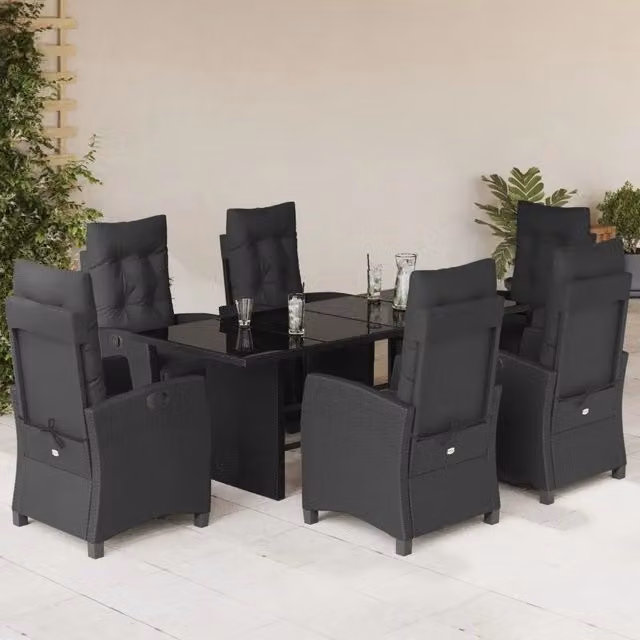 Set da pranzo da giardino vidaXL in polyrattan nero con cuscini e tavolo in vetro per 7 persone – 1