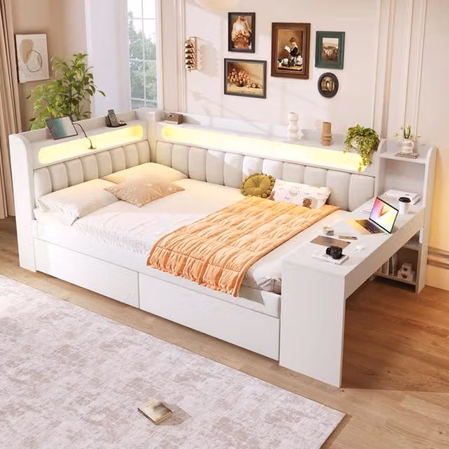Letto imbottito 140x200 con scrivania; 2 cassetti; USB e LED a 7 colori; rivestimento in lino bianco