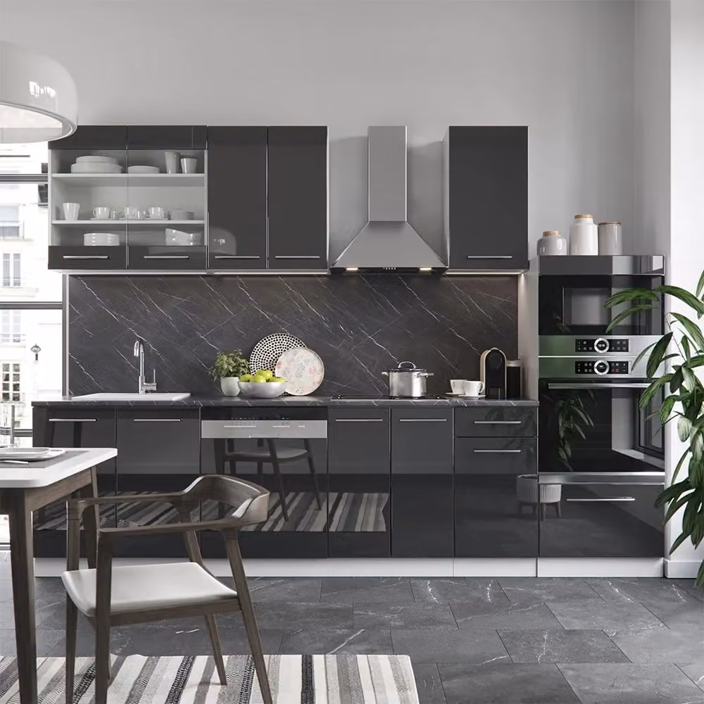 Cucina componibile moderna Vicco Fame-Line antracite lucido e bianco con armadio alto e piano in marmo, L: 300 cm – 2