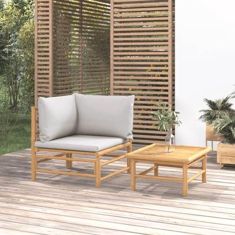 Set da lounge per giardino, composto da due elementi, con cuscini grigio chiaro e struttura in bambù