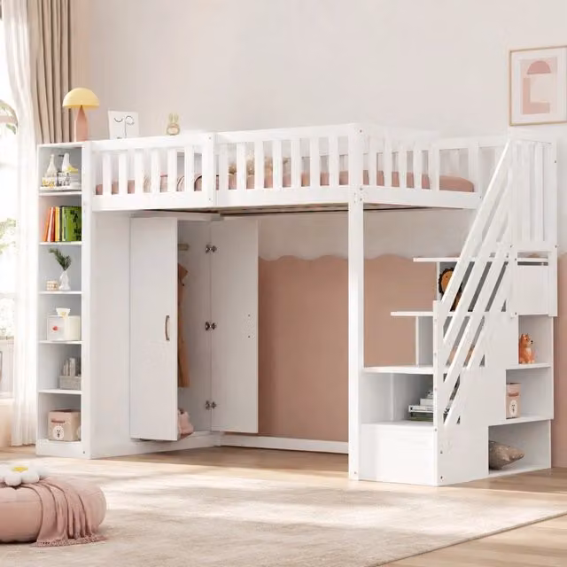 Letto a soppalco 90x200 cm con armadio; ripiani e scala portaoggetti in legno bianco