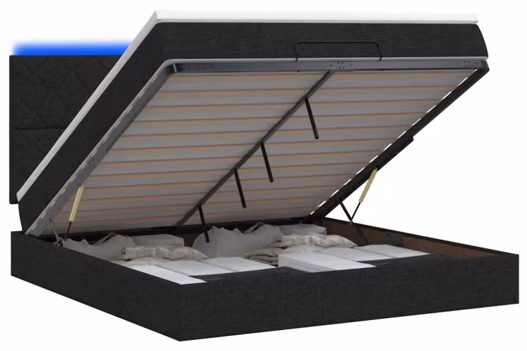 Panca contenitore con materasso e illuminazione LED, colore nero, 180 x 200 cm, rivestita in tessuto