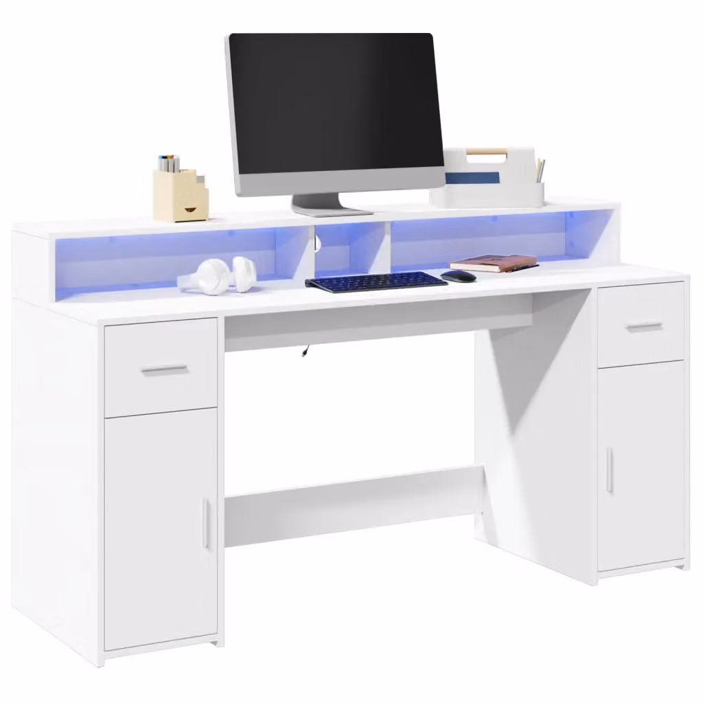 Scrivania da ufficio moderna vidaXL bianca con luci LED in MDF L/P/H: 160 x 55 x 91 cm