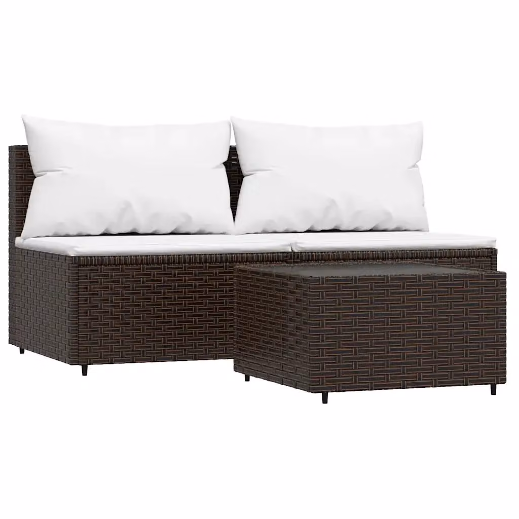 Set Mobili da Giardino 3 Pezzi vidaXL in Polyrattan Marrone e Bianco con Divano a 2 Posti, Tavolino e Cuscini Imbottiti – 2
