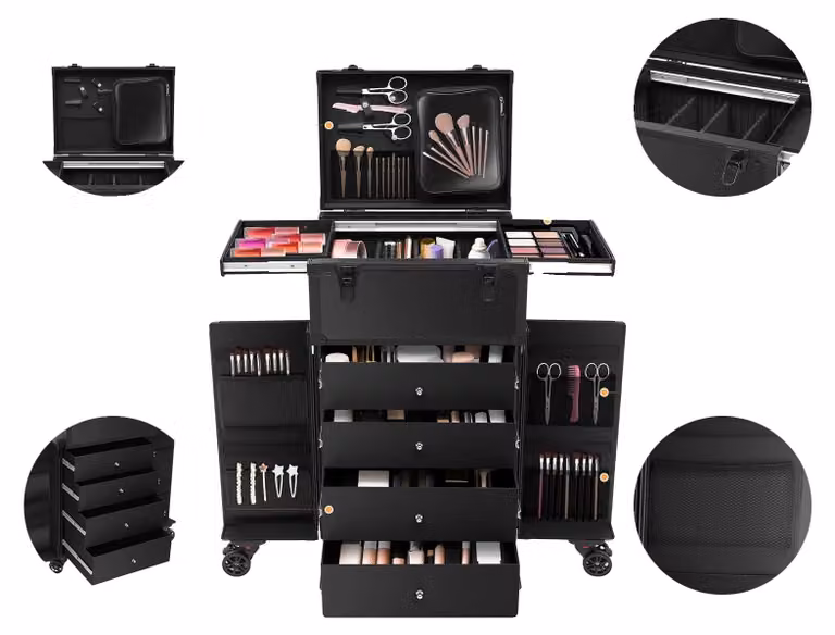 Custodia per cosmetici, realizzata in lega di alluminio, con dimensioni totali di 40*30*80 cm, capacità di carico di 30 kg, peso lordo di 10 kg. Le singole sezioni interne hanno dimensioni di 20*22 cm