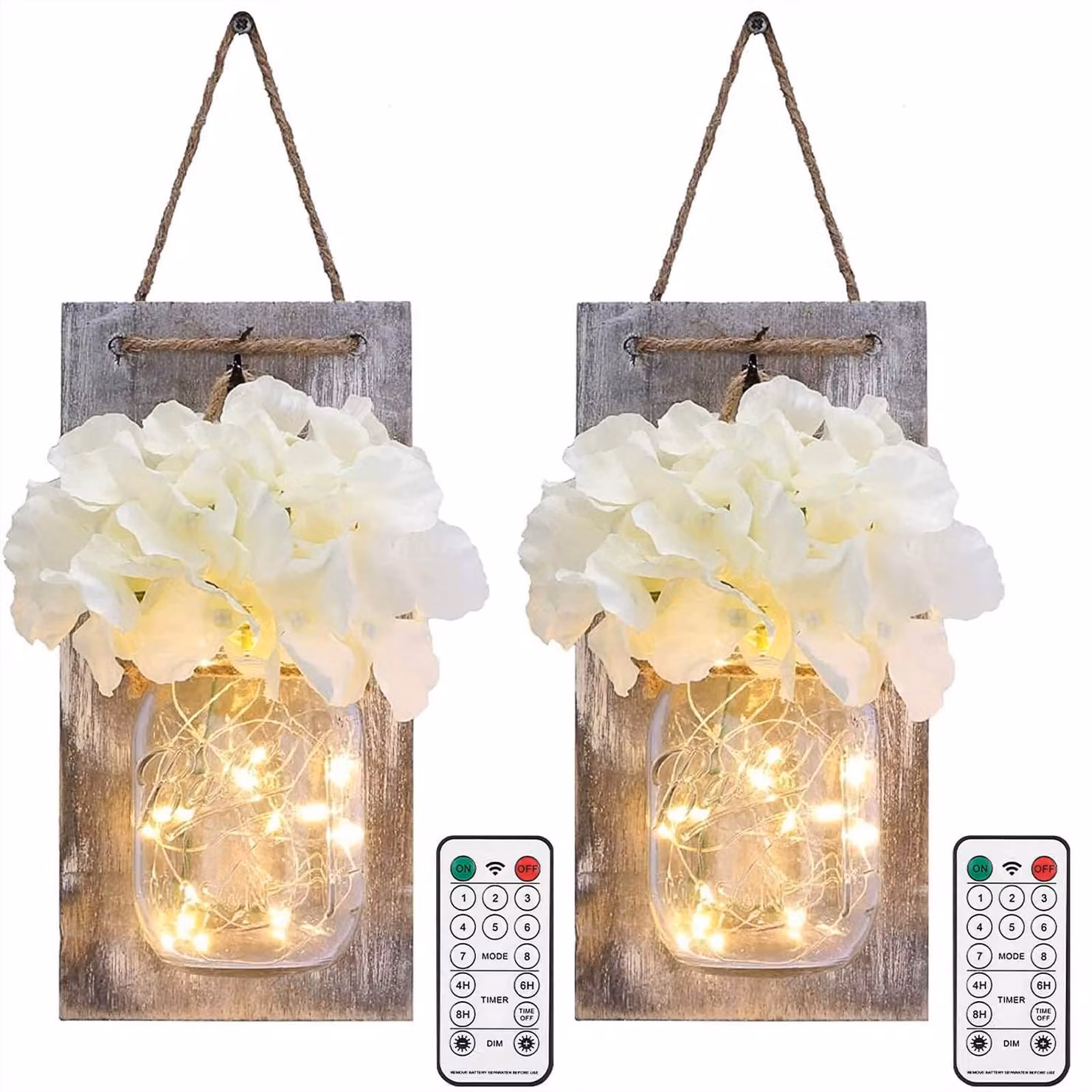 Set di 2 lampade decorative a LED da parete, contenitore in vetro, 8 modalità, timer, telecomando, alimentazione a batteria