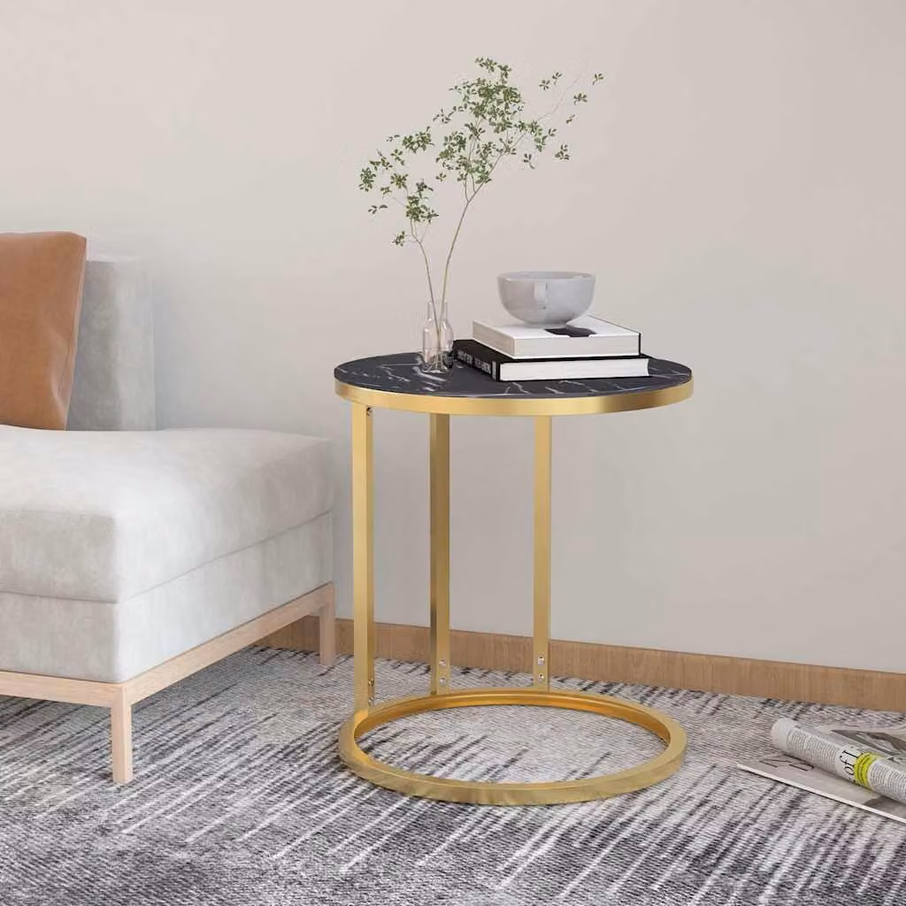 Tavolino rotondo moderno vidaXL in vetro temperato e metallo, colori oro e nero, Diametro: 45 cm, Altezza: 58 cm