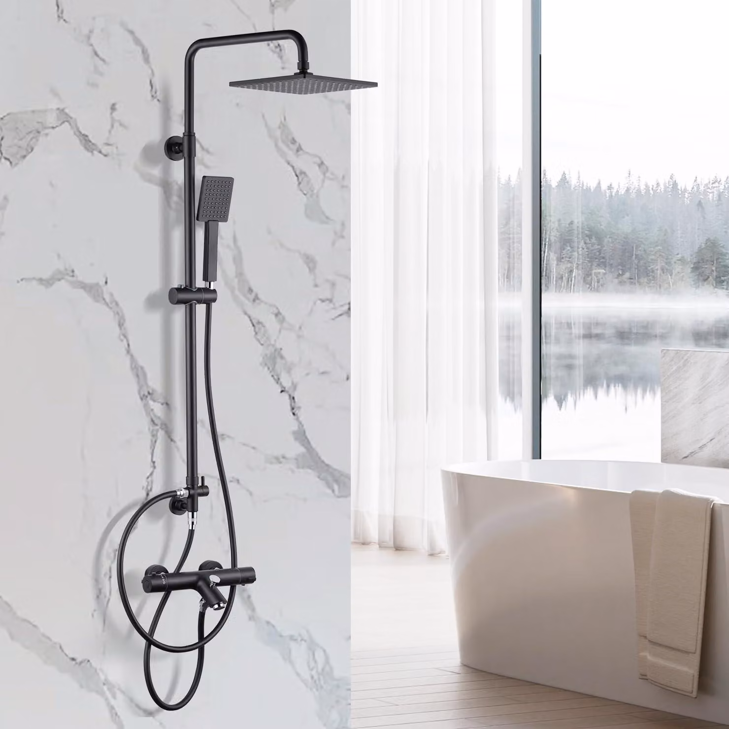 Sistema doccia con termostato, in ottone, colore nero, 23 cm. Doccia a pioggia
