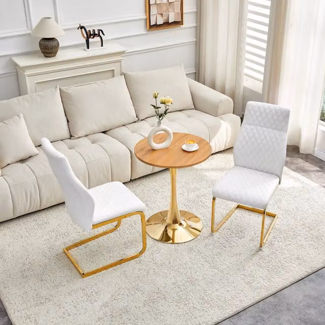 Tavolo da pranzo rotondo con 2 sedie, piano in MDF, base in metallo oro, sedute bianche con motivo a rombi, 60 cm